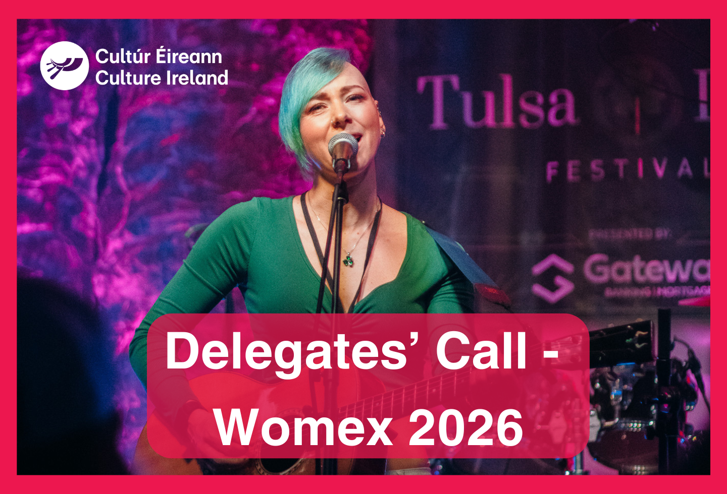 A woman sings into a microphone while playing a guitar on stage. Text reads - Delegates' Call Womex 2026.